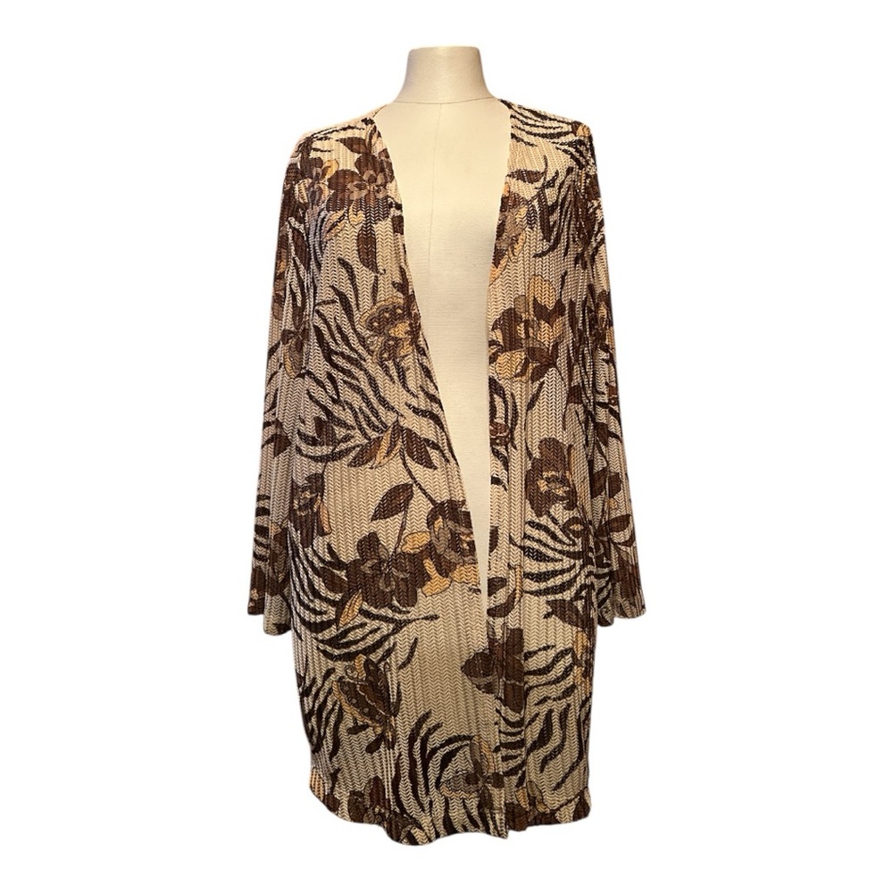 Alfred Dunner 2X Tan/Brown/Mustard open knit collarless longsleeve cardigan